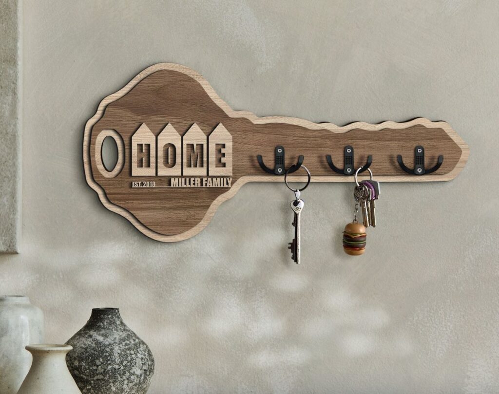 family name wall key rack in key shape