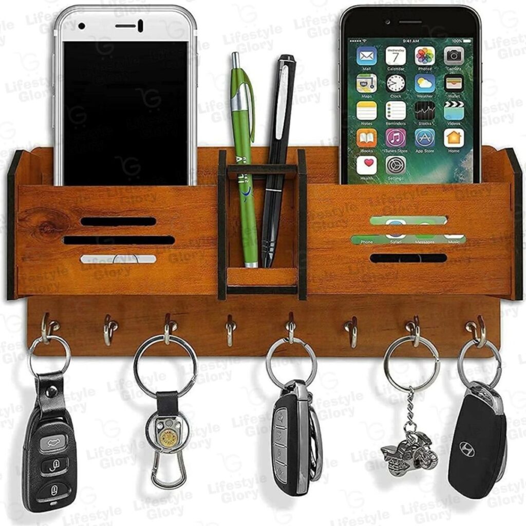 wooden wall wooden wall organizer with key hooks & phone holder with key hooks & phone holder