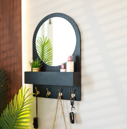 Decorative wall mirror with wooden frame and multi-purpose storage hooks