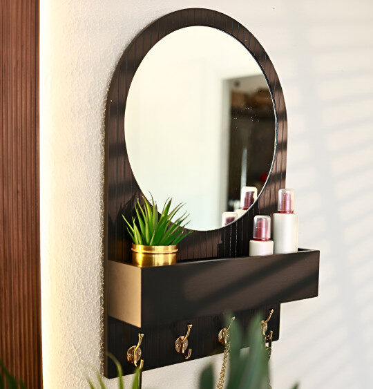 Stylish hallway mirror organizer with shelf and hook rack