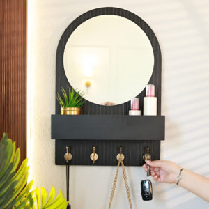 Black Entryway Organizer with Round Mirror, Dual Hooks & Storage Shelf