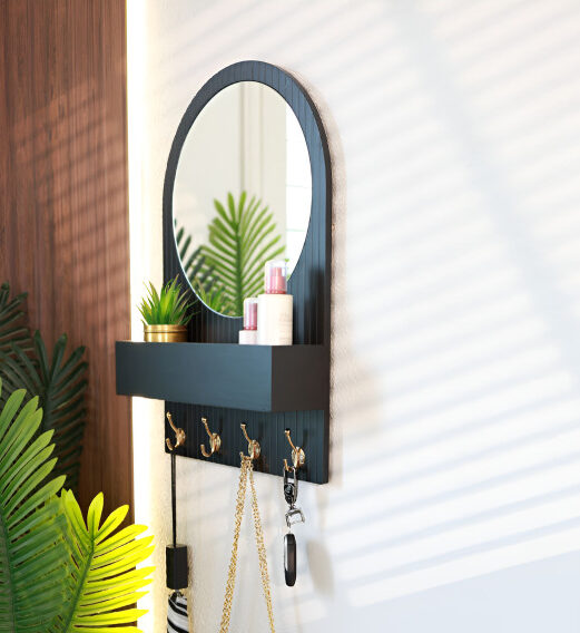 Modern wooden wall mirror with hanging hooks for keys, bags, and accessories