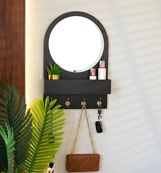Entryway mirror organizer with storage shelf and key hooks for home decor