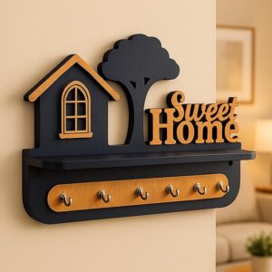 Brown and black wooden key holder with Sweet Home and Home text, tree design, seven hooks, wall-mounted key organizer