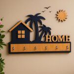 Brown and black wooden wall key holder with 7 hooks featuring home, tree, sun and birds design, wall-mounted organizer for living room