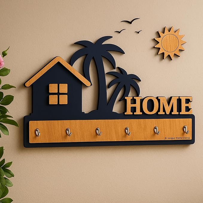 Brown and black wooden wall key holder with 7 hooks featuring home, tree, sun and birds design, wall-mounted organizer for living room