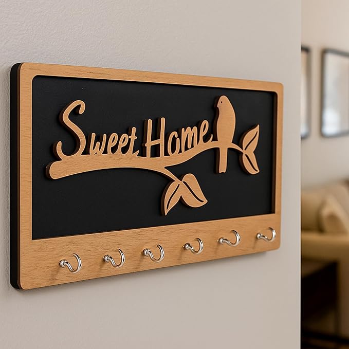 Brown and black wooden wall key holder with Sweet Home text, birds sitting on tree branch, 7 hook key organize