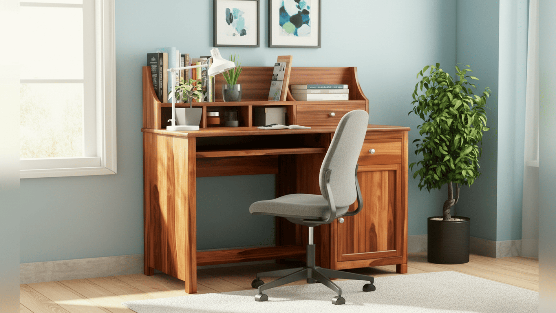 Nettle Wooden Study Table with Shelf – Honey Finish - Image 2